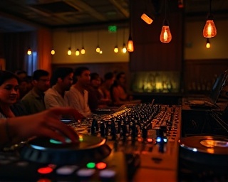 groovy Indian DJ music, rhythmic, immersing the audience, photorealistic, within a cozy lounge with ambient lighting and chilled vibe, highly detailed, vinyl records spinning, narrow depth of field, earthy tones, muted lighting, shot with a 85mm lens.